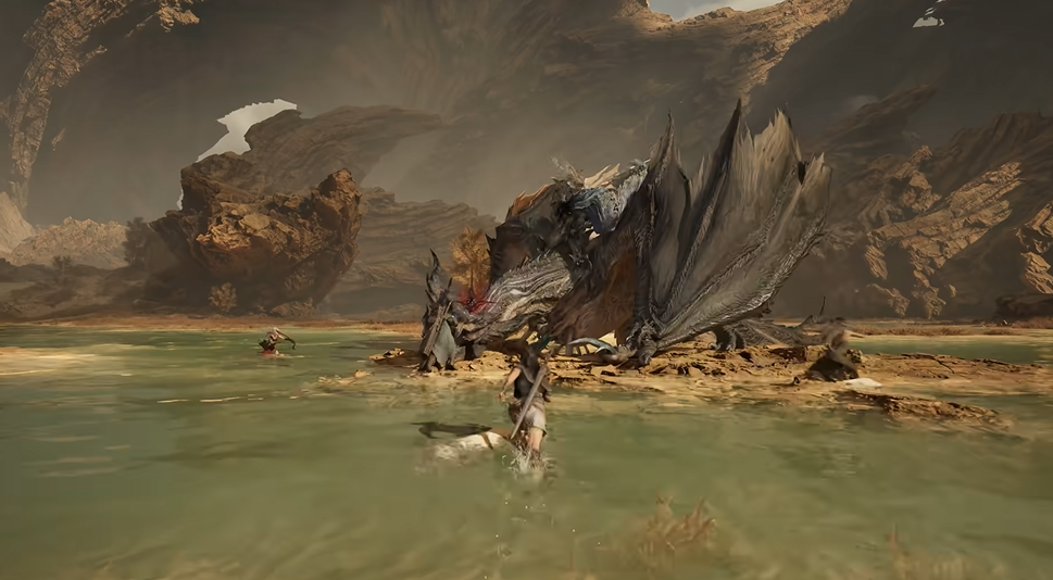 Maldrake corrupted dragon resting in shallow water marsh